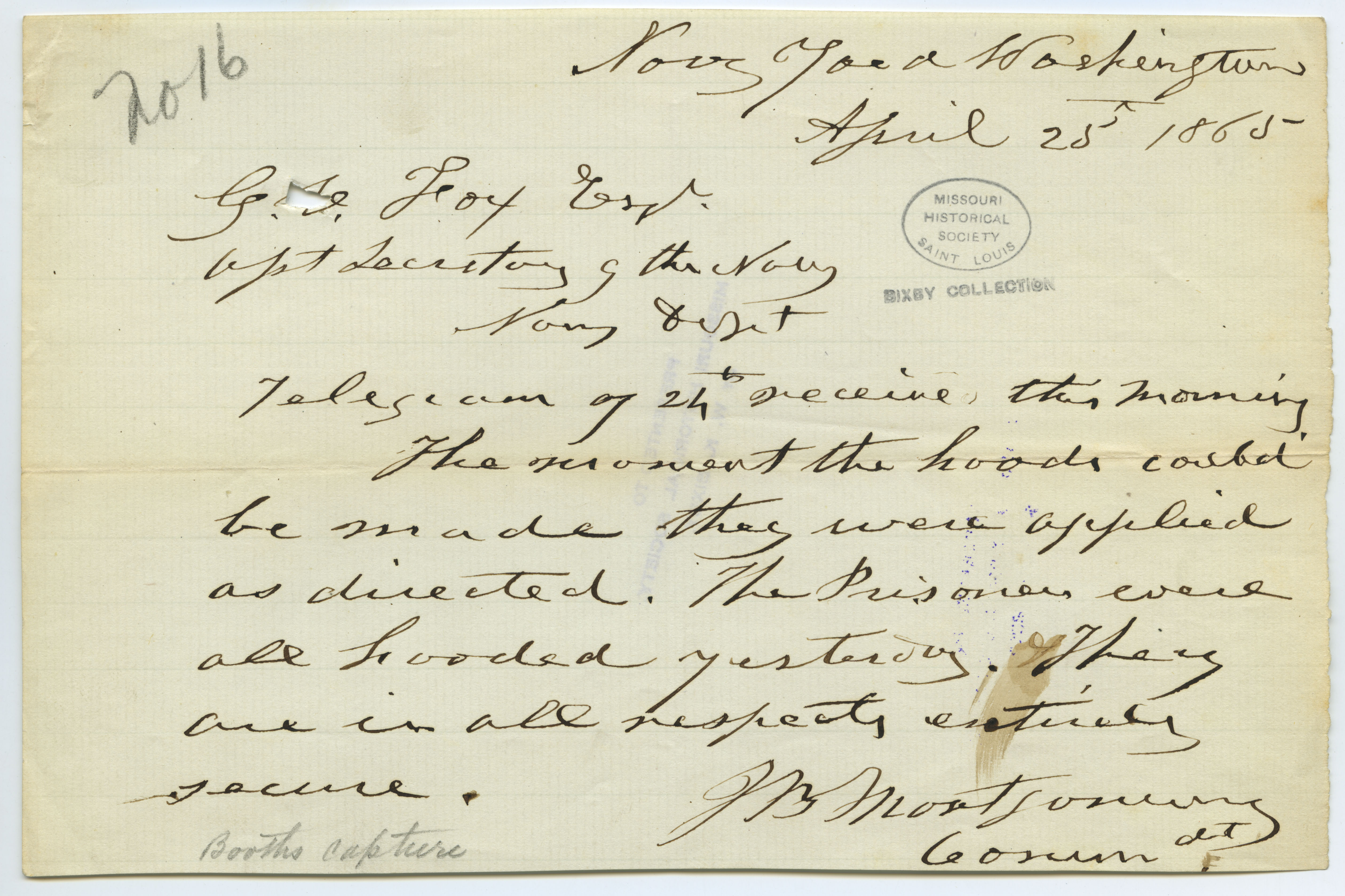 Contemporary Copy Of Telegram Of J.B. Montgomery, Navy Yard, Washington ...